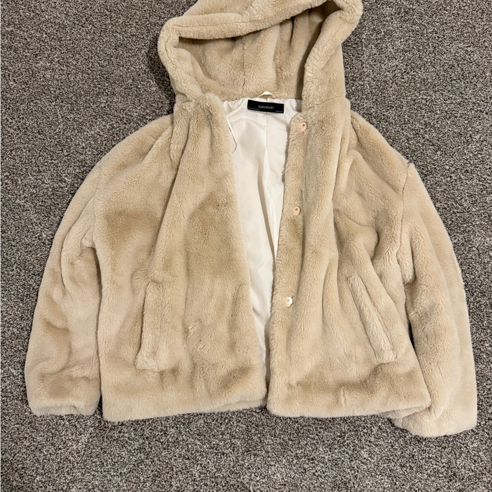 Zara Cream Teddy Fur Jacket with Hood
